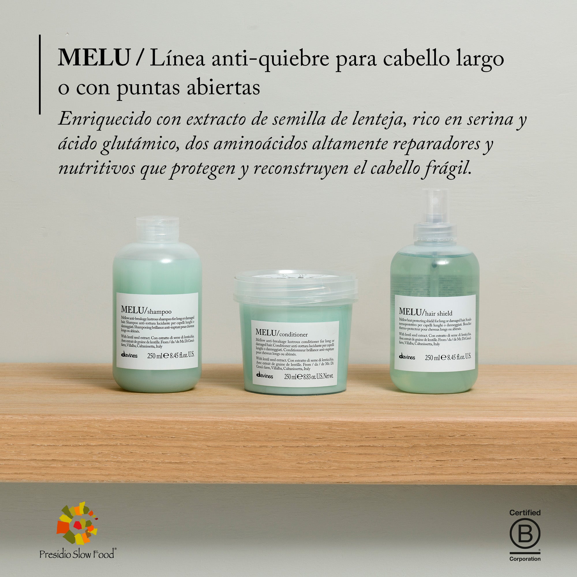 
Davines MELU Shampoo - Shampoo anti-quiebre que aporta elasticidad y brillo para cabello largo o dañado.